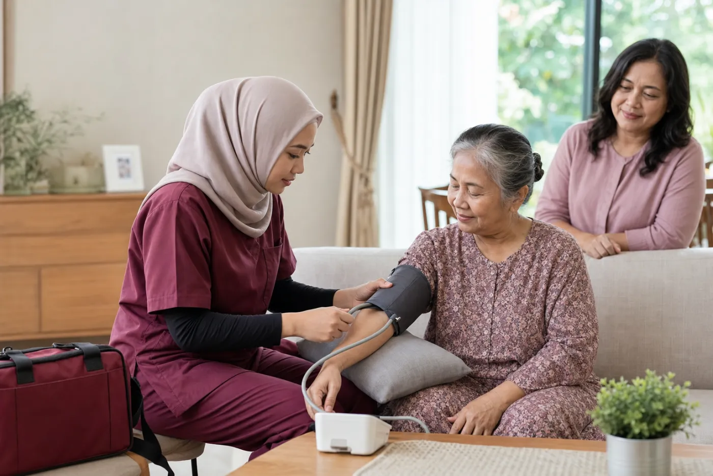 An Ommri nurse checking an elderly patient's blood pressure at home